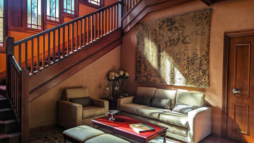 Foyer in a home with a decorative staircase