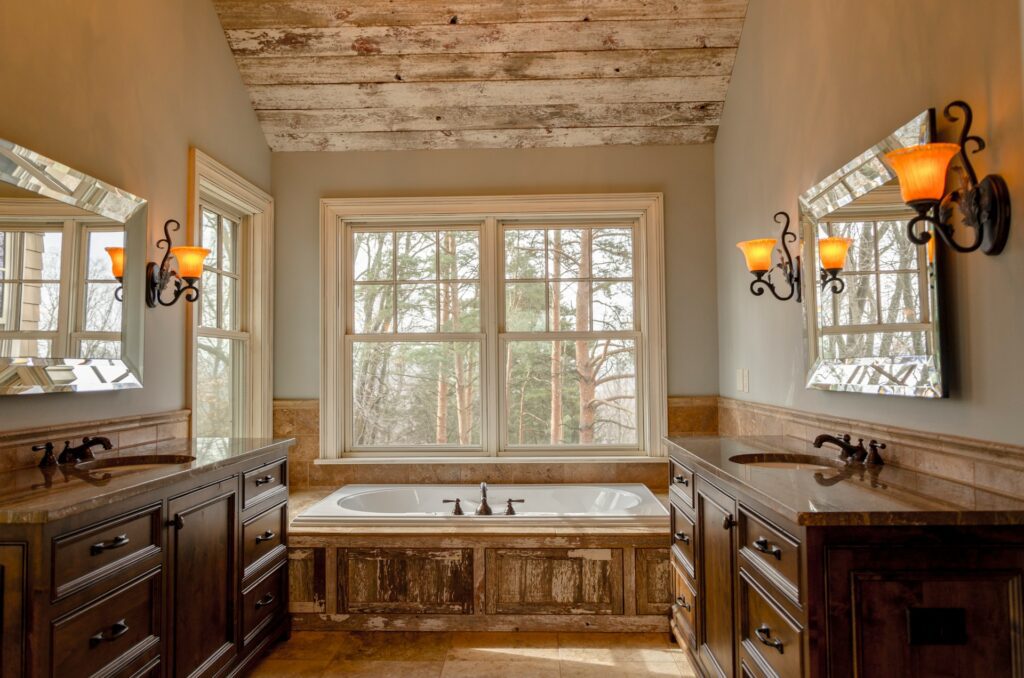 Mirrors and textured walls in a home’s bathroom